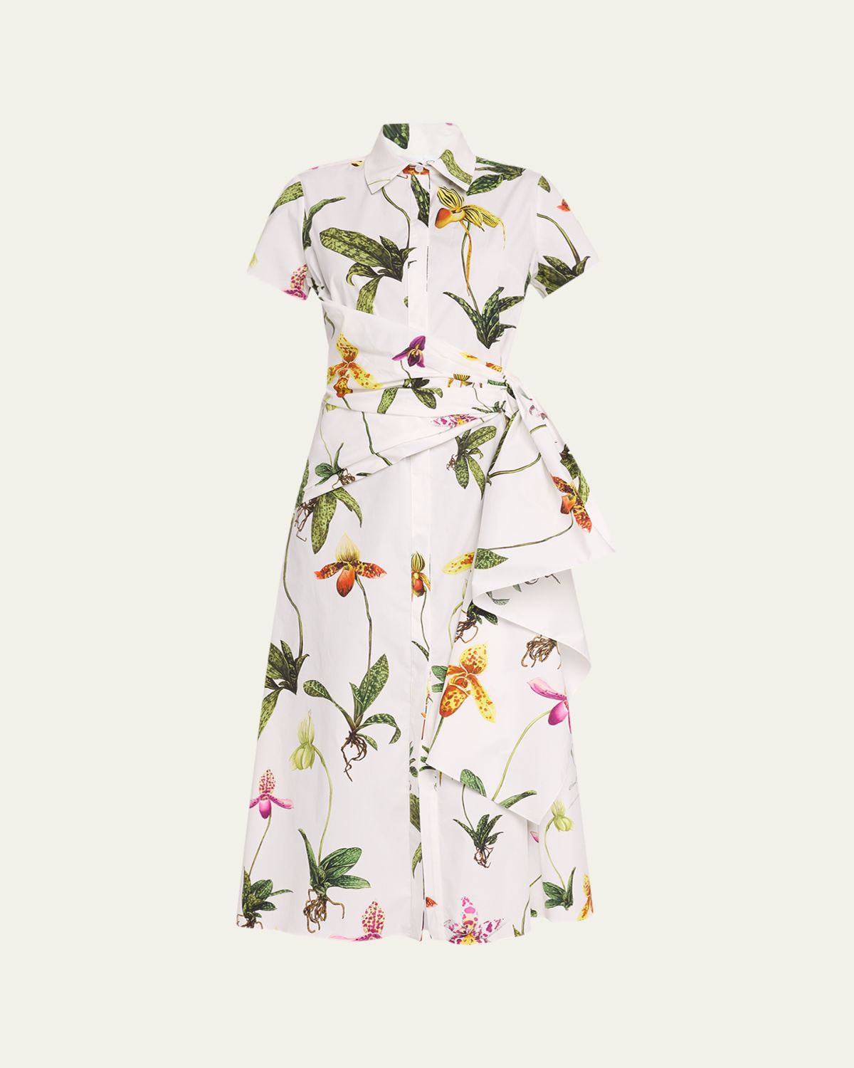 Oscar de la Renta Orchid Print Poplin Midi Dress with Sash Detail