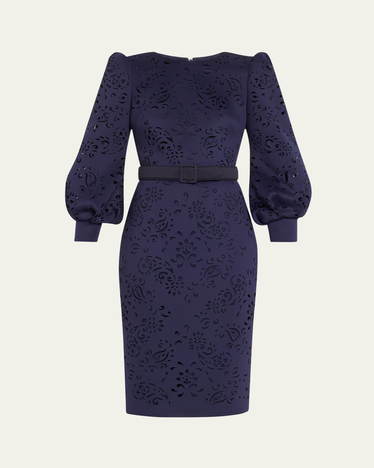 Badgley Mischka Collection Blouson-Sleeve Paisley Cutout Dress
