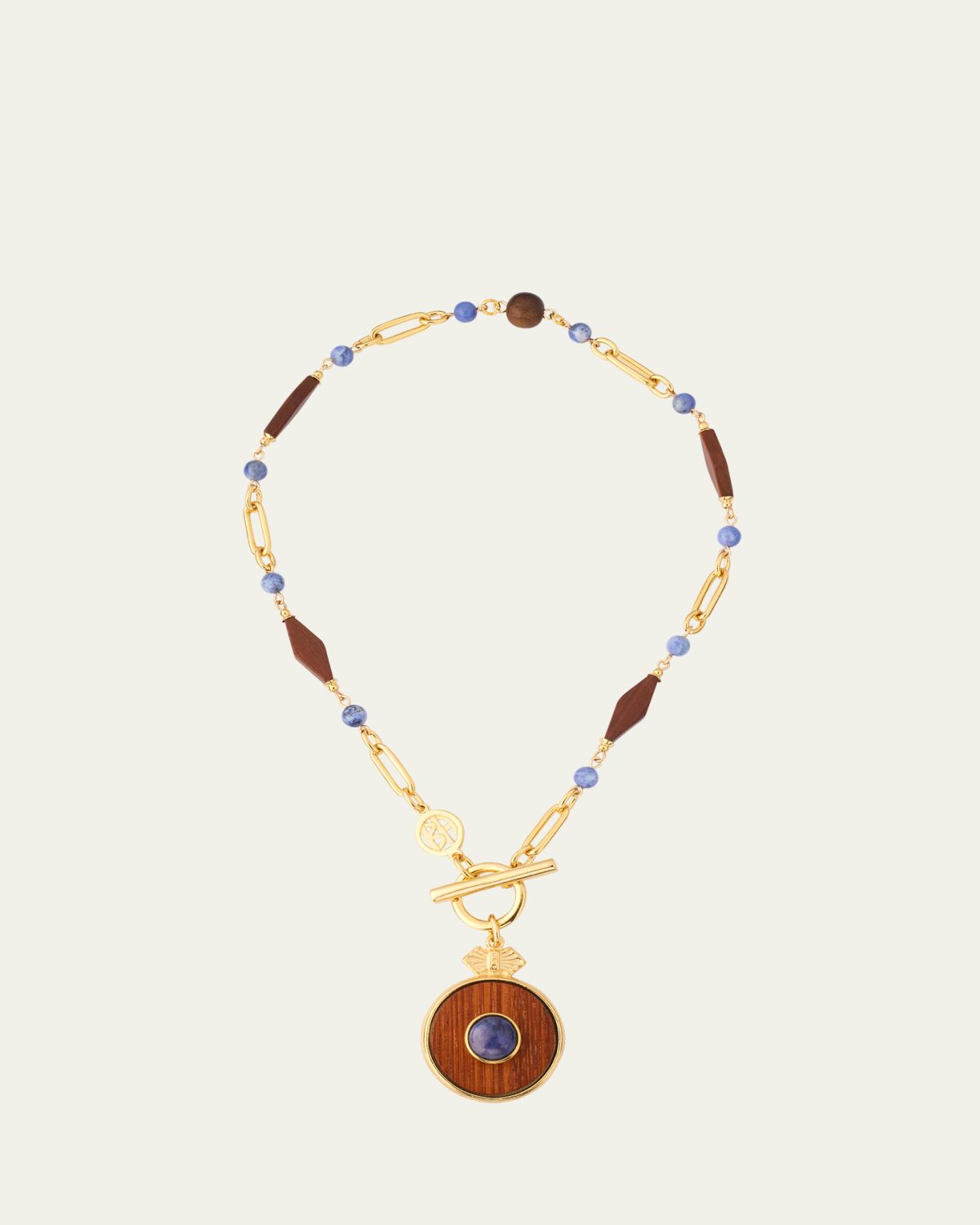 Ben-Amun Gold Plated Chain Necklace with Wood Pendant and Blue Semi Precious Stones, 16"L