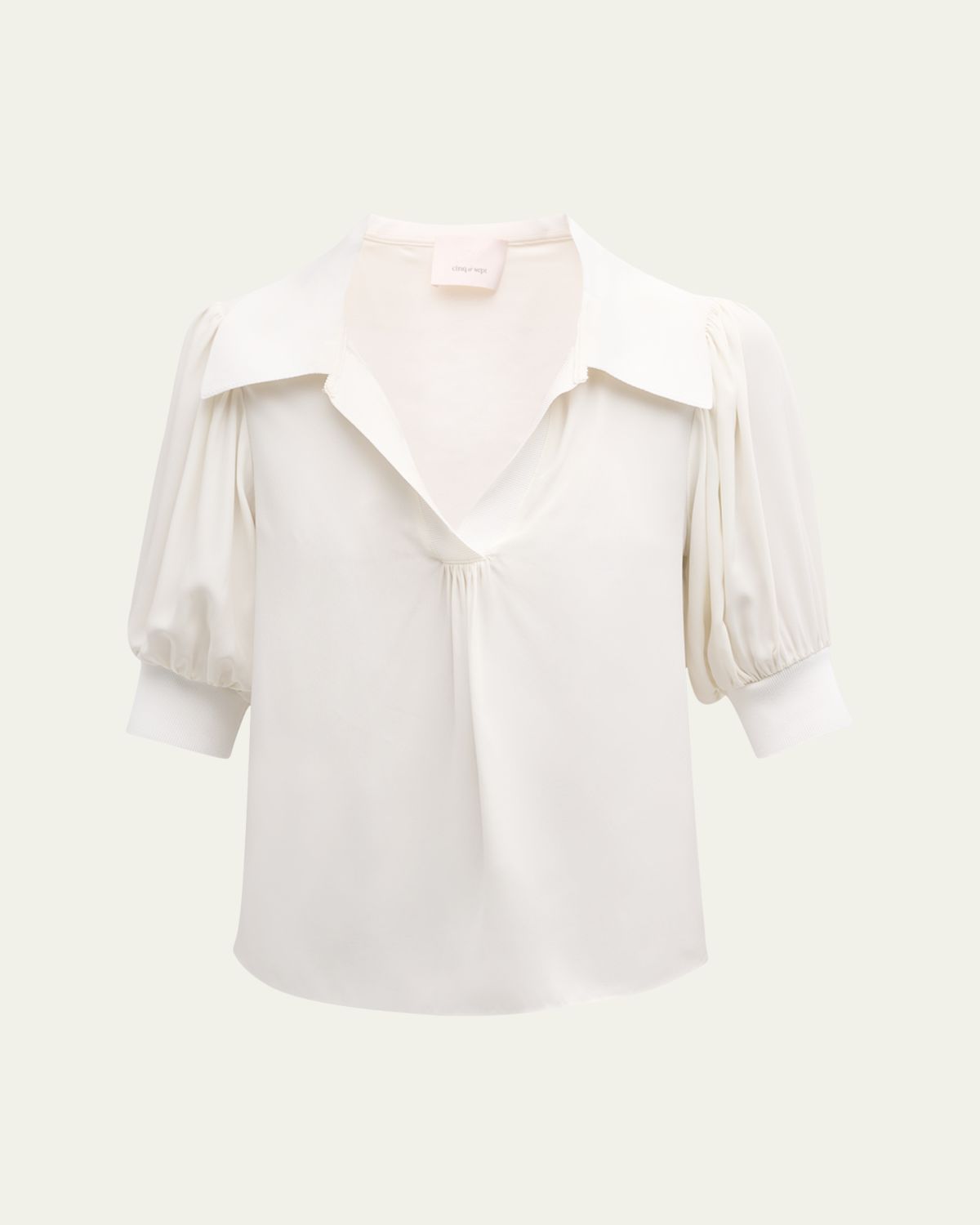 Cinq a Sept Weldon Collared V-Neck Short-Sleeve Silk Combo Top