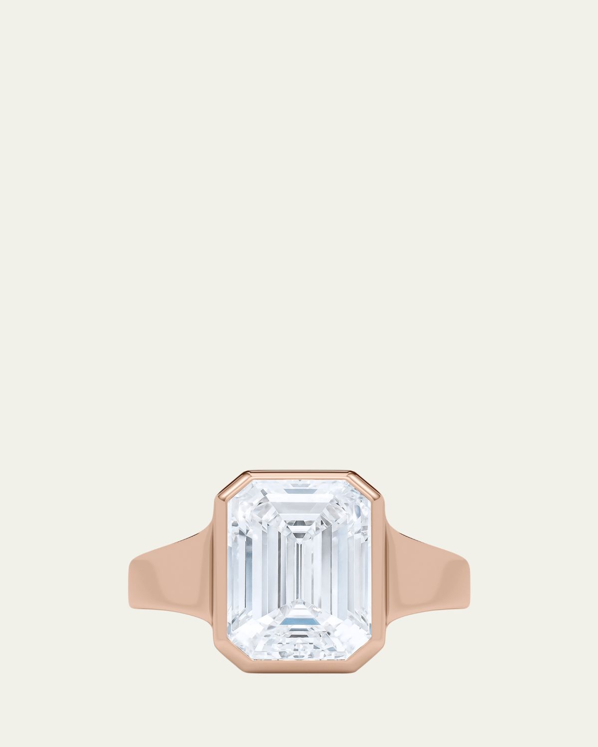 HauteCarat 18K Emerald Cut Lab Grown Diamond Cigar Bezel Ring, 3.0tcw