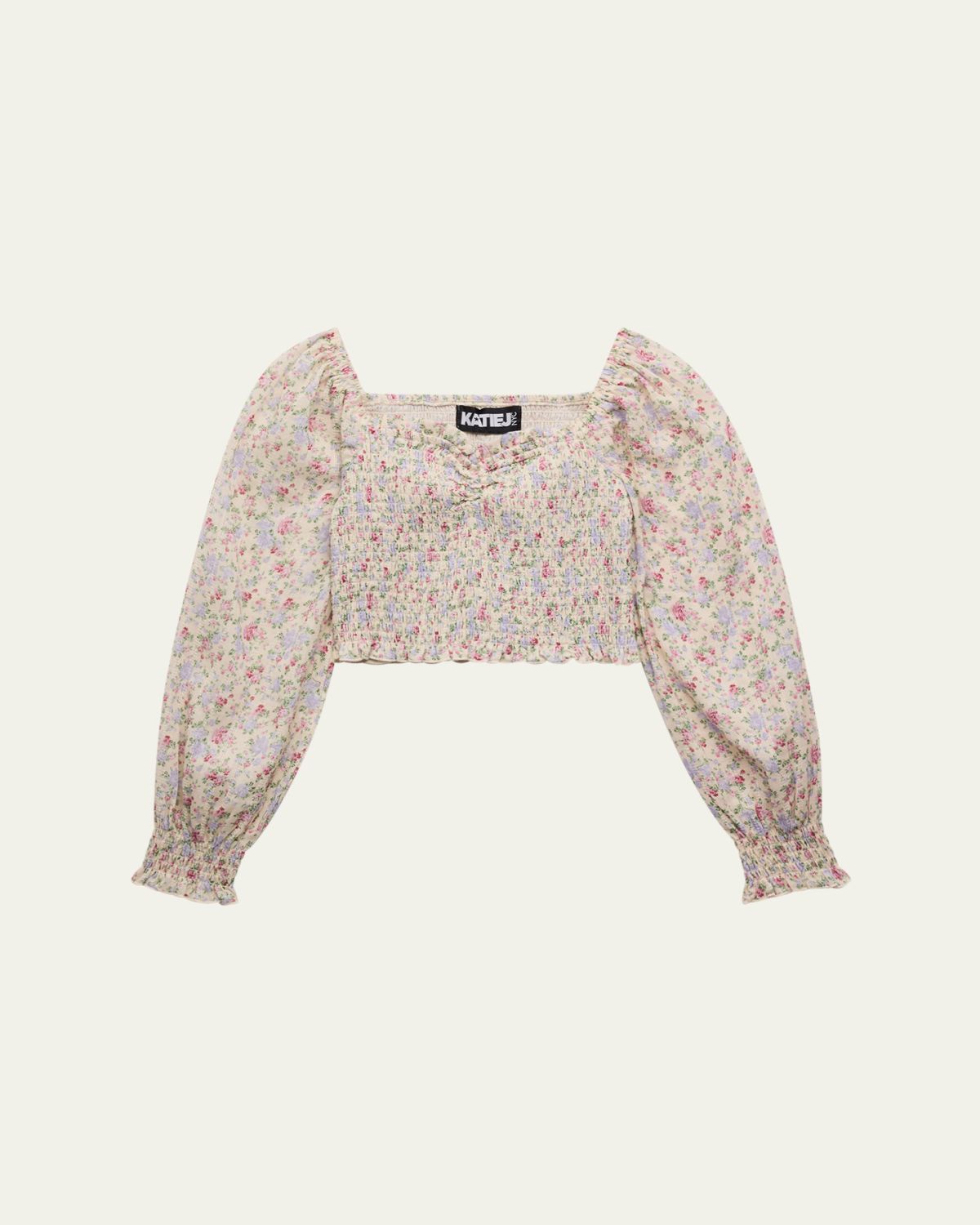 KatieJ NYC Girl's Floral-Print Smocked Top, Size S-