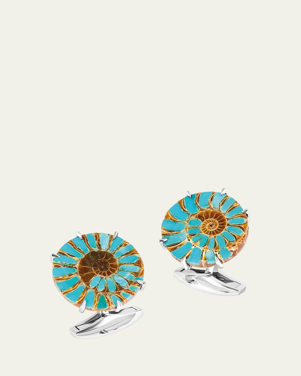 Tateossian Men's Limited Edition Ammonite Cufflinks in Rhodium Silver with Turquoise