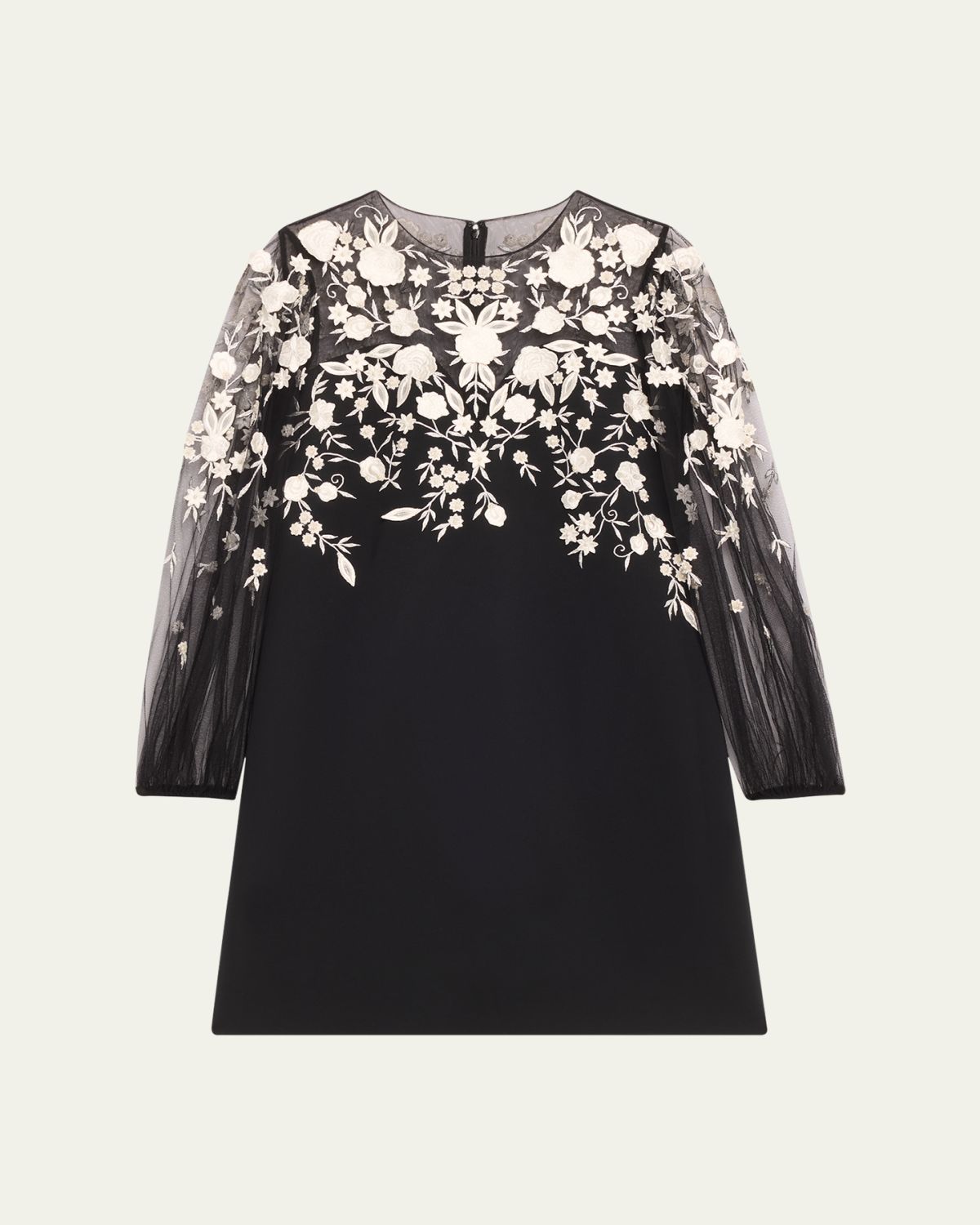 Carolina Herrera Floral Embroidered Puff-Sleeve Mini Illusion Dress