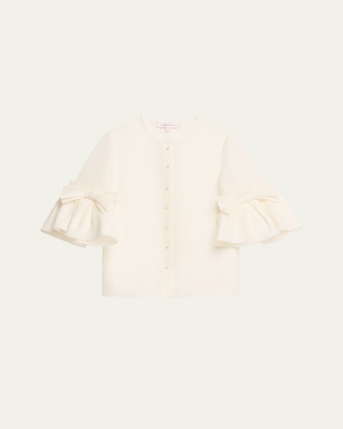 Carolina Herrera Pearly Button Bow Ruffle-Sleeve Silk Top
