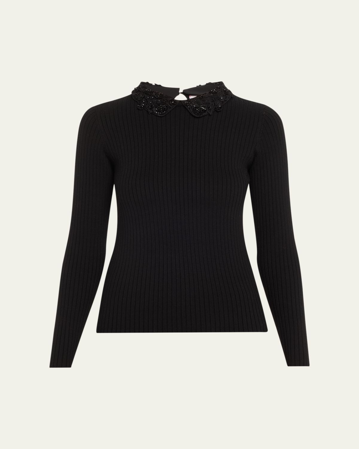 Carolina Herrera Removable Lace Collar Long-Sleeve Rib Sweater