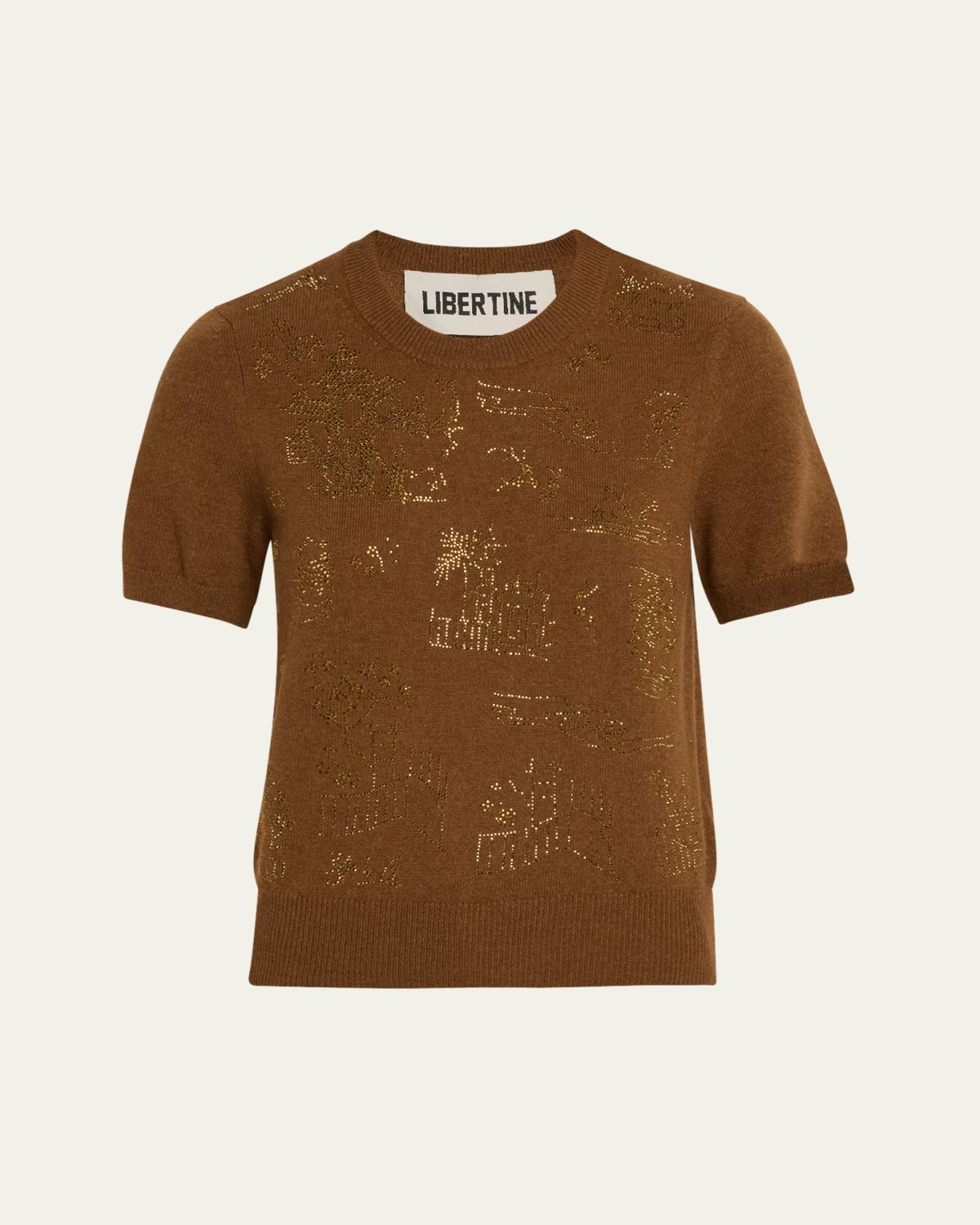 Libertine Chinoiserie Studded Short-Sleeve Cashmere Sweater