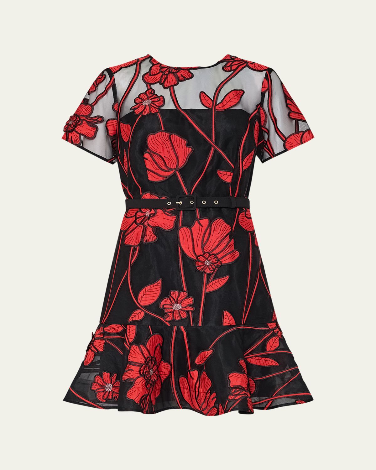 Milly Rosie Belted Floral-Embroidered Mini Dress
