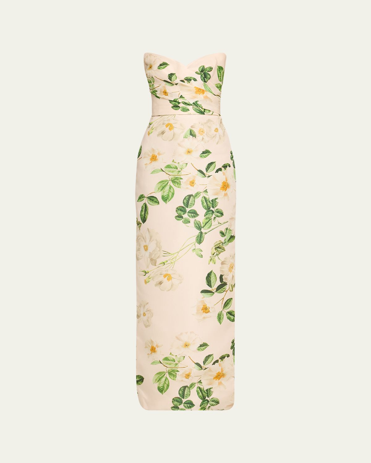 Monique Lhuillier Floral-Print Draped Strapless Gown