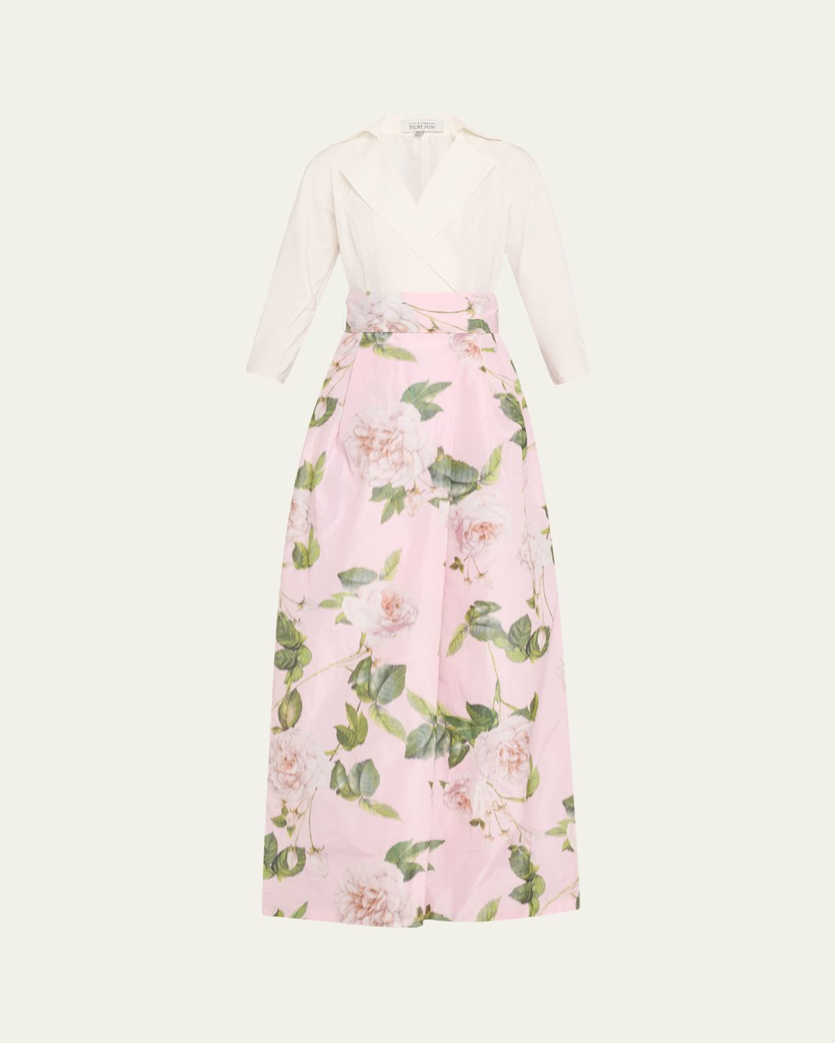 Rickie Freeman for Teri Jon Floral-Print Faille Taffeta Shirt Gown