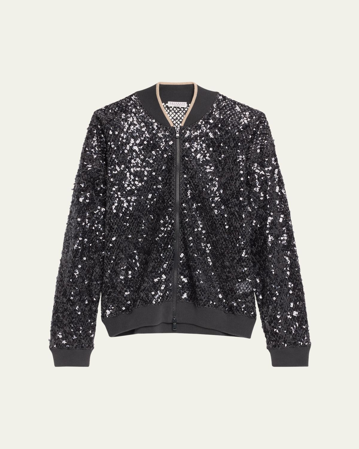 Brunello Cucinelli Paillette Net Knit Zip Bomber Cardigan