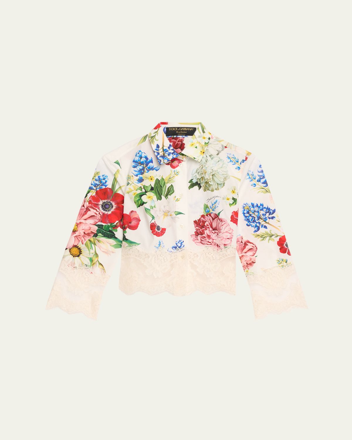 Dolce & Gabbana Lace-Trim Floral Crop Button-Down Shirt