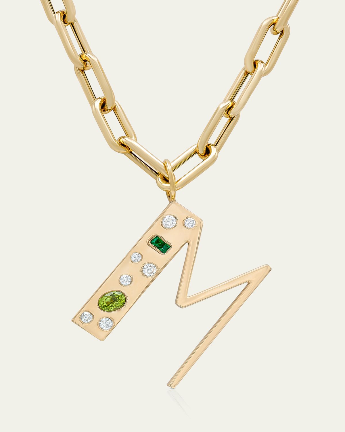 Audrey C. Jewels 14K Yellow Gold Custom Bespoke Initial Necklace with Diamonds, Emeralds and Peridot, 18"L