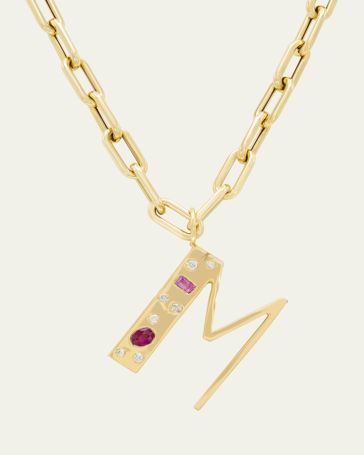 Audrey C. Jewels 14K Yellow Gold Custom Bespoke Initial Necklace with Diamonds, Ruby, and Pink Sapphire, 18"L