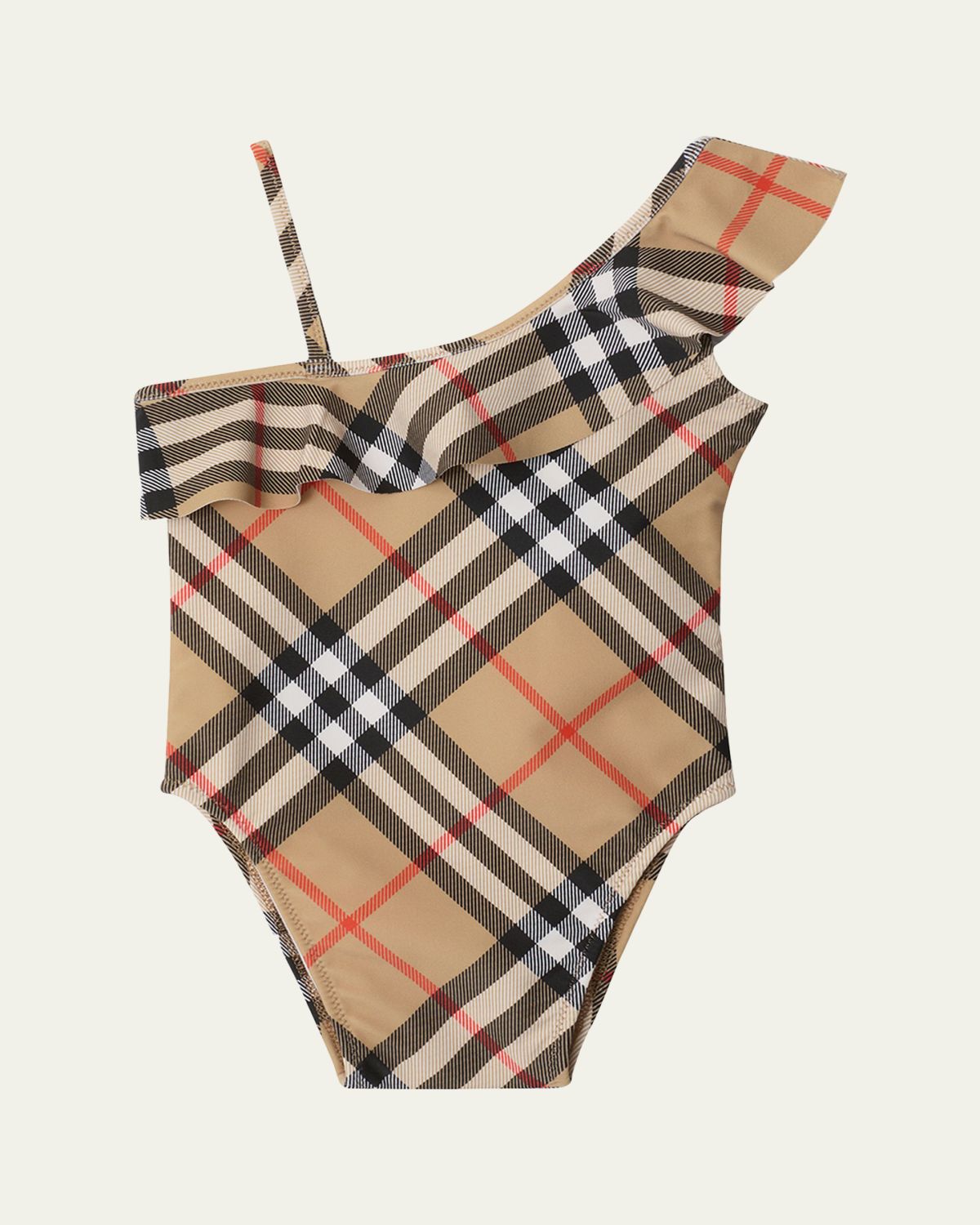Burberry Girl's Fern Ruffled One-Shoulder Check One-Piece Swimsuit, Size 6M-2