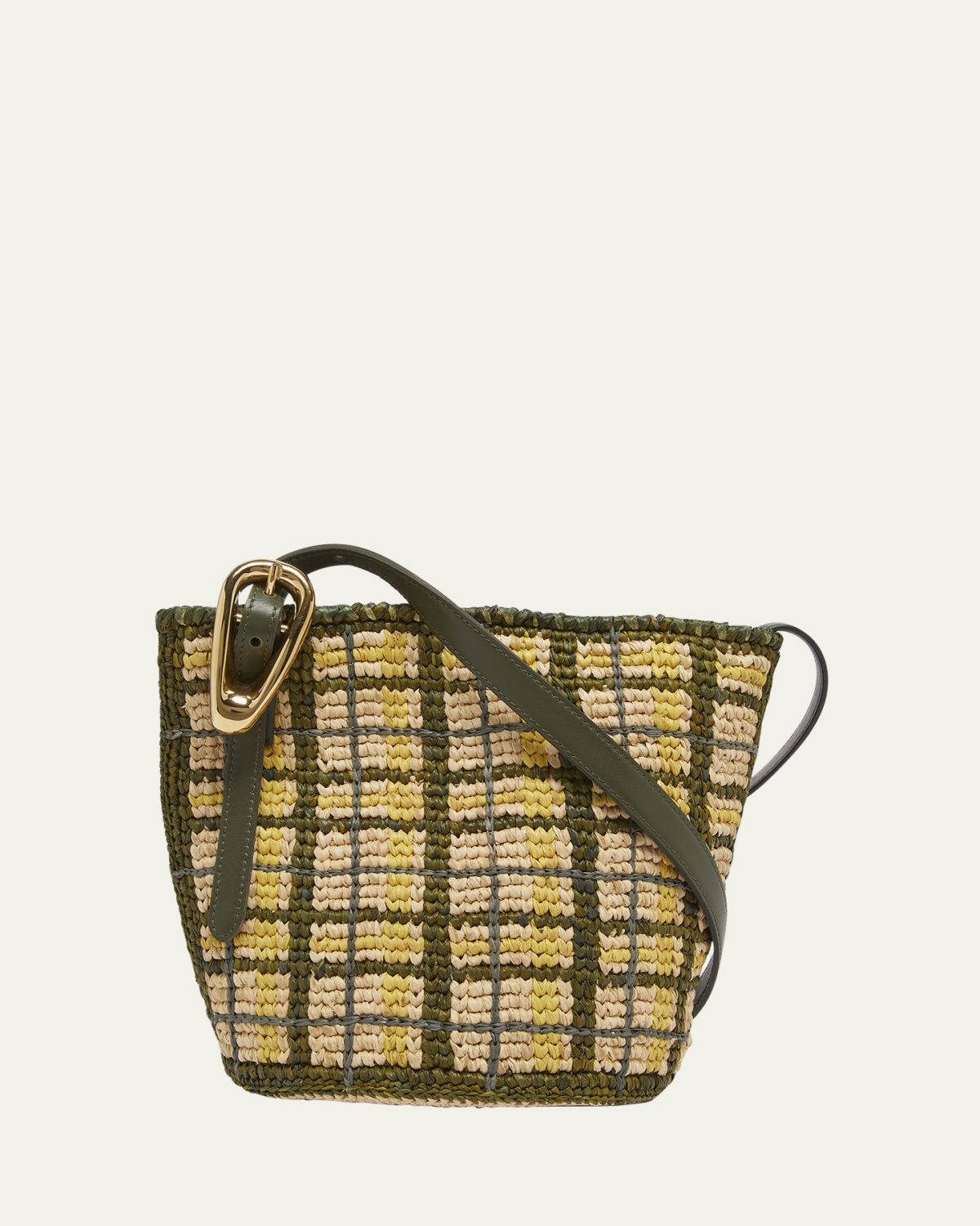 Rabanne Small Plaid Raffia Bucket Bag