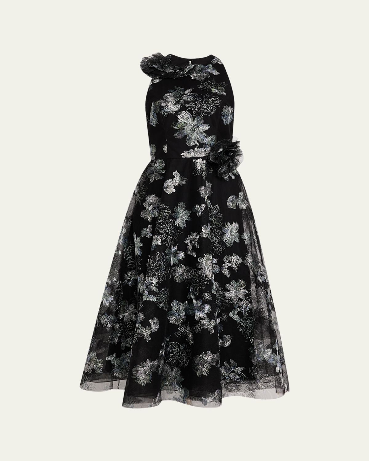 Rickie Freeman for Teri Jon Metallic Floral-Embroidered Tulle Midi Dress