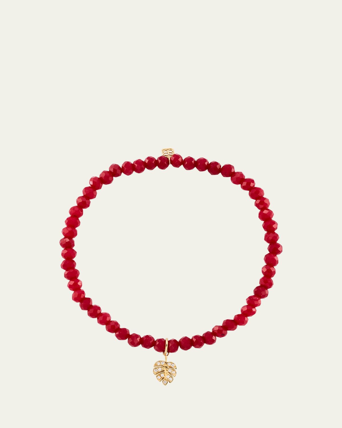 Sydney Evan 14K Tiny Monstera Leaf Charm on Dark Red Jade Bracelet