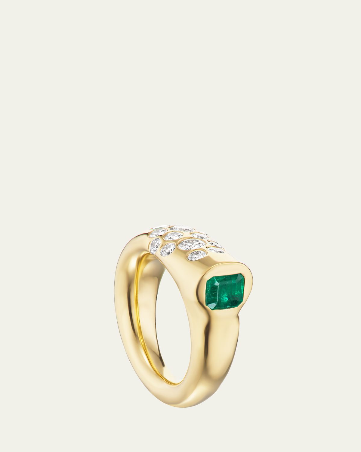 Uniform Object 18K Yellow Gold Small Battery Ring with Diamonds and Asscher-Cut Emerald