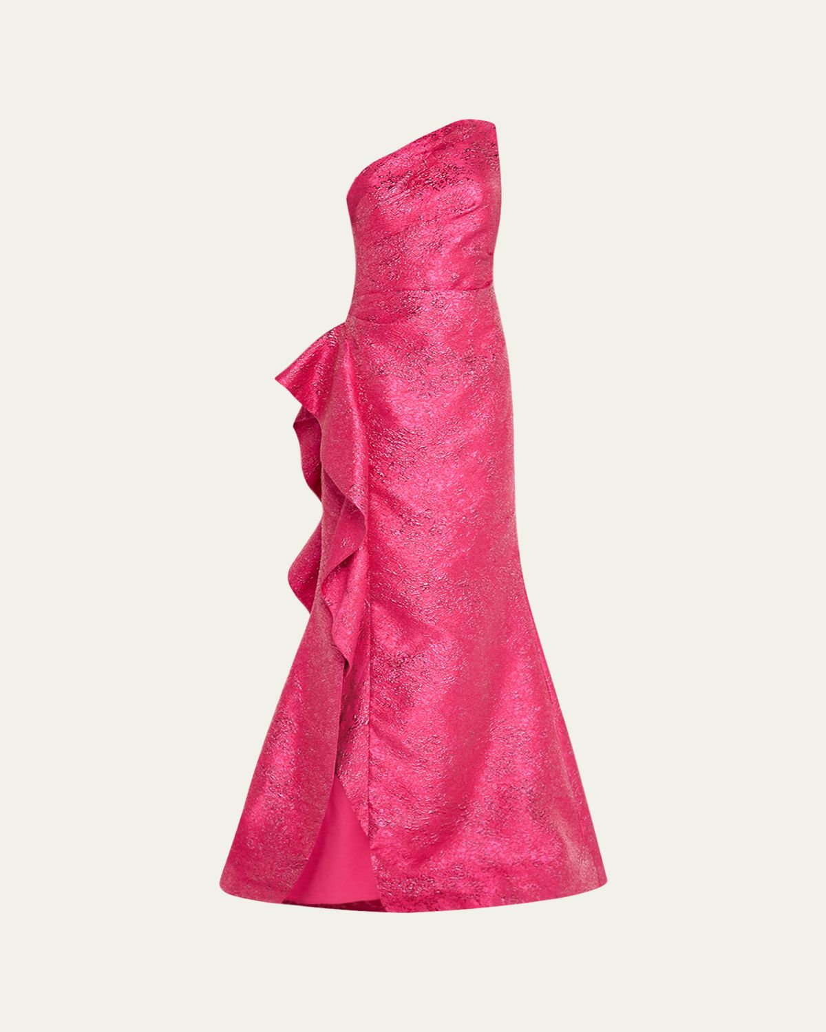 Rickie Freeman for Teri Jon One-Shoulder Metallic Jacquard Trumpet Gown