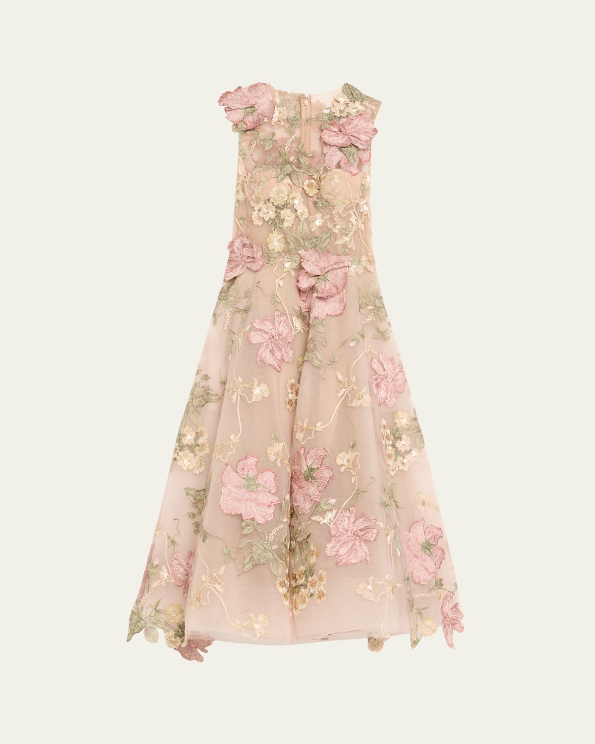 Marchesa Floral Embroidered Sleeveless Tea-Length Dress