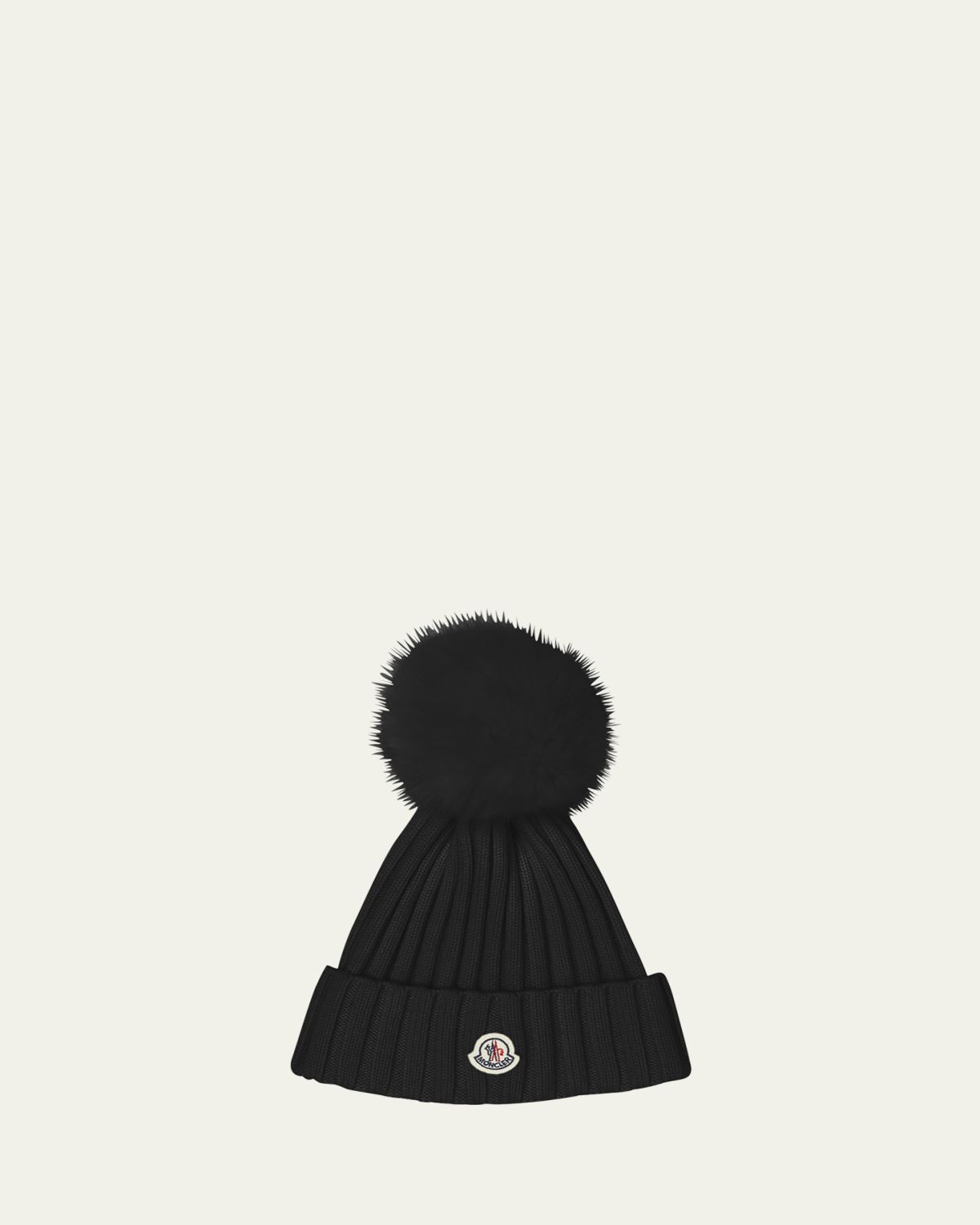 Moncler Ribbed Logo Beanie with Faux Fur Pom