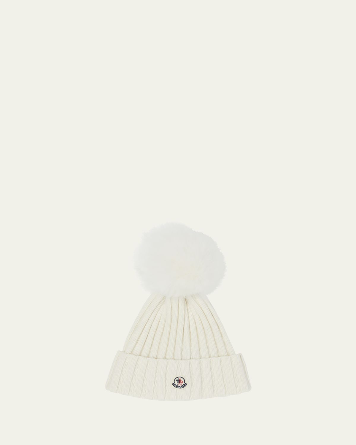Moncler Ribbed Logo Beanie with Faux Fur Pom