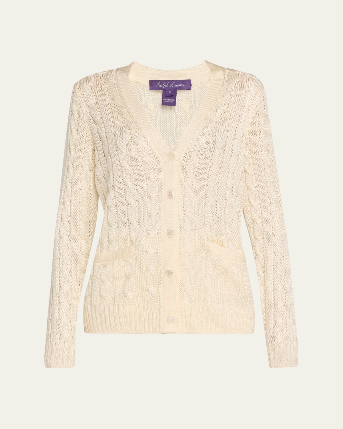 Ralph Lauren Collection High Shine Cable-Knit Cashmere Cardigan Sweater, Cream