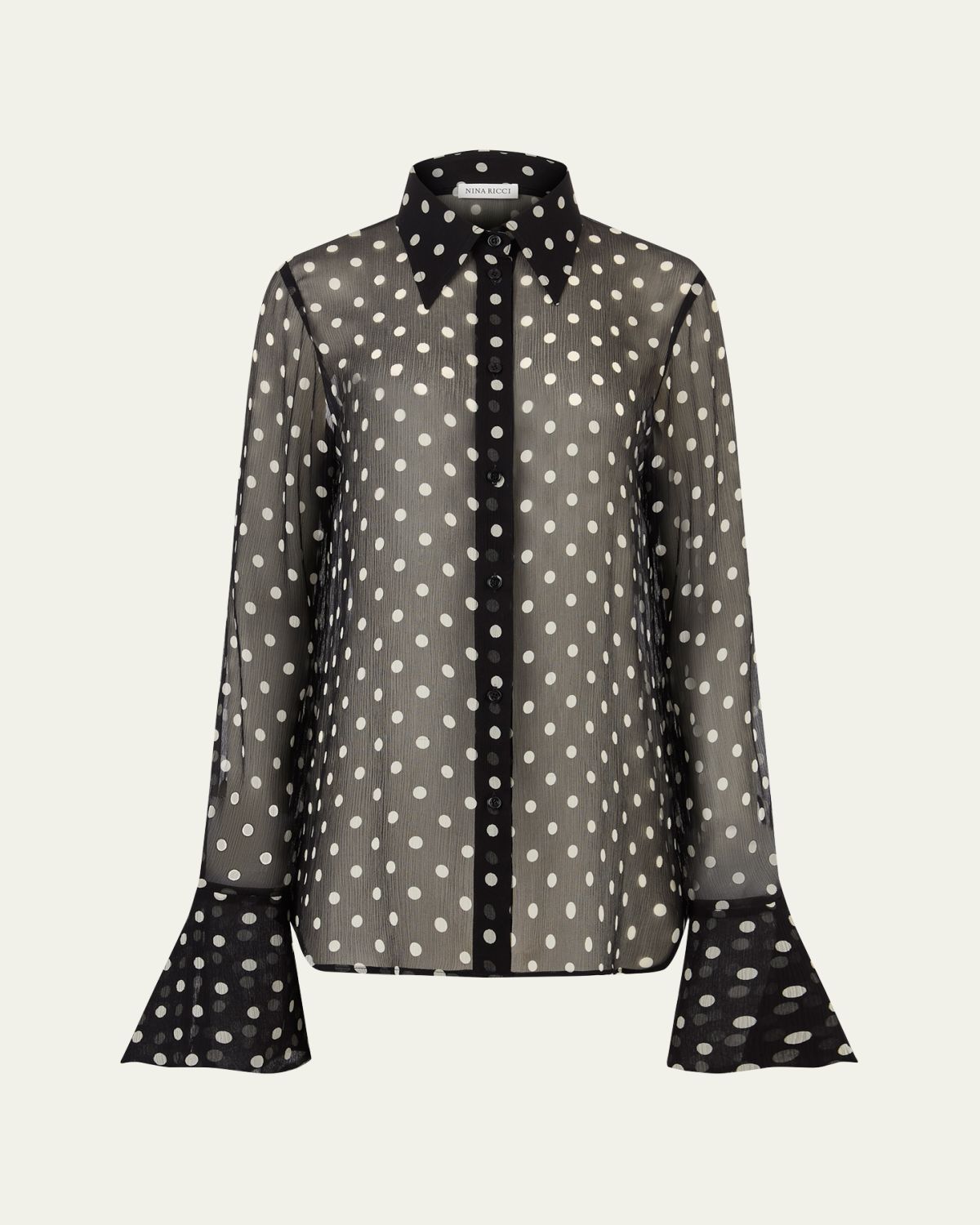 Nina Ricci Chiffon Polka Dot Bell Cuff Blouse