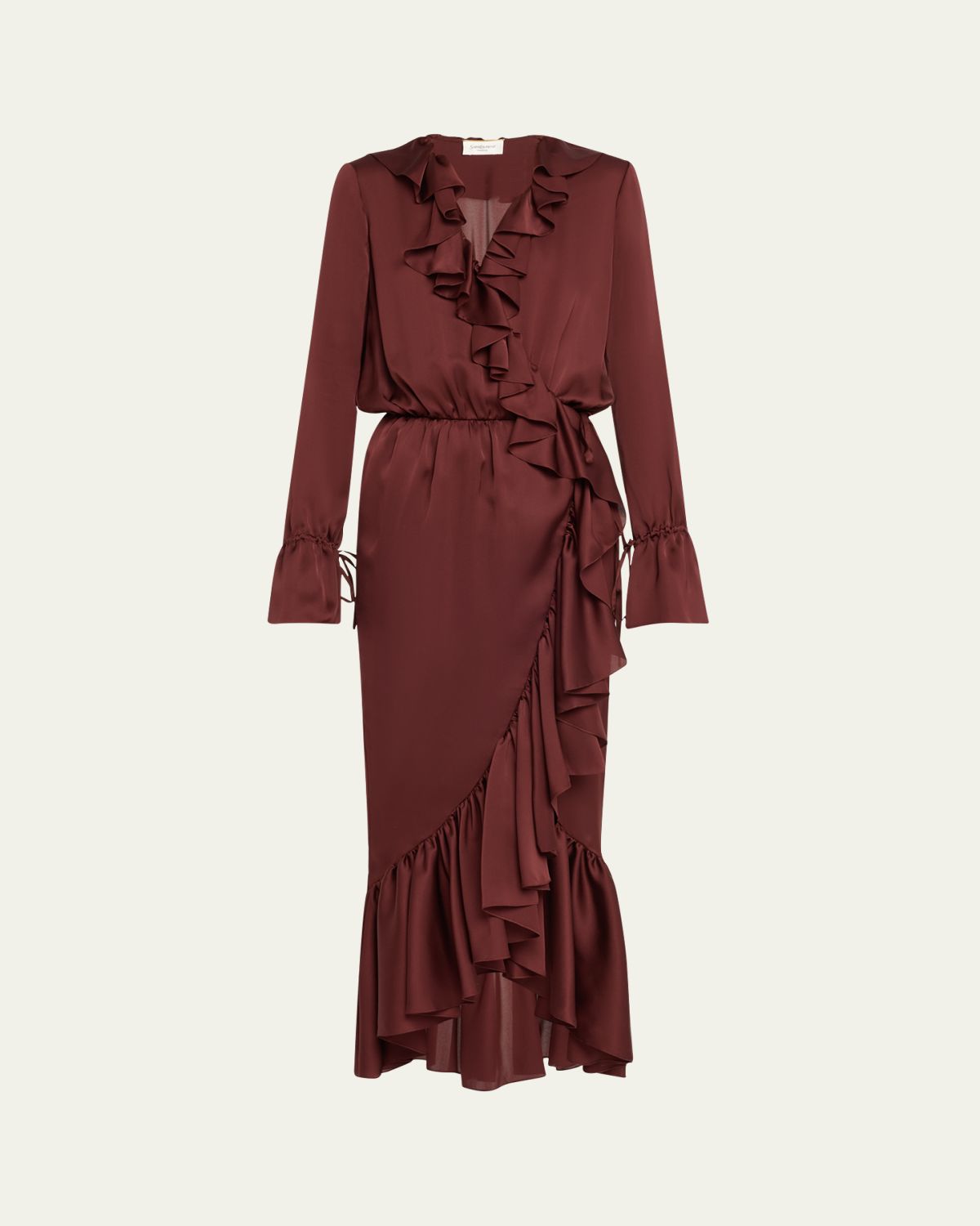 Saint Laurent Long Ruffle Trim Wrap Silk Dress