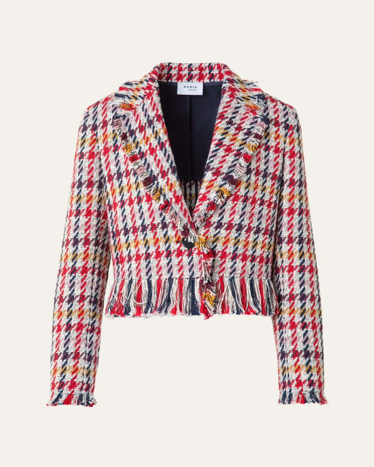 Akris punto Cropped Checked Tweed Jacket with Maxi Fringe