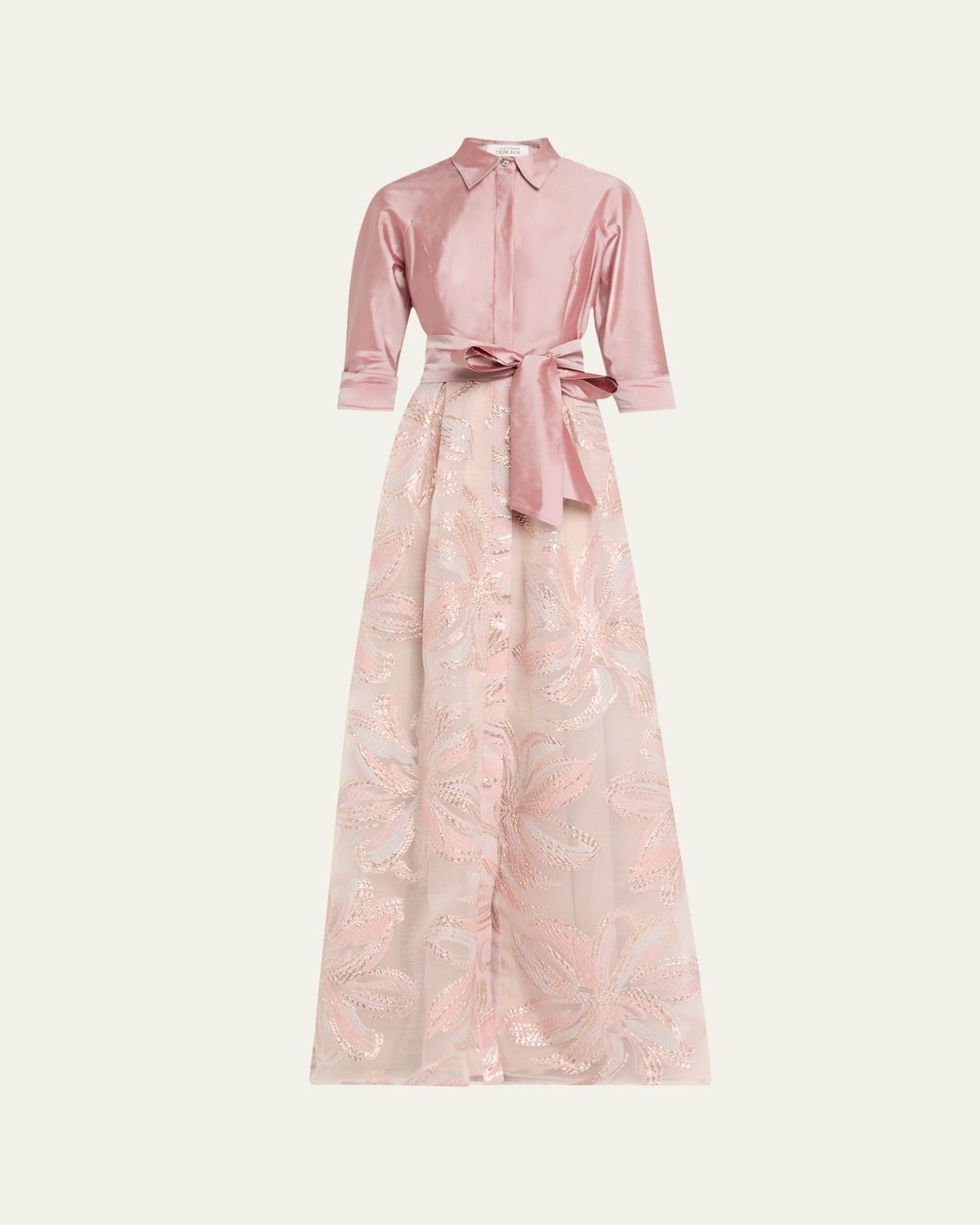 Rickie Freeman for Teri Jon Taffeta & Floral Jacquard Shirt Gown
