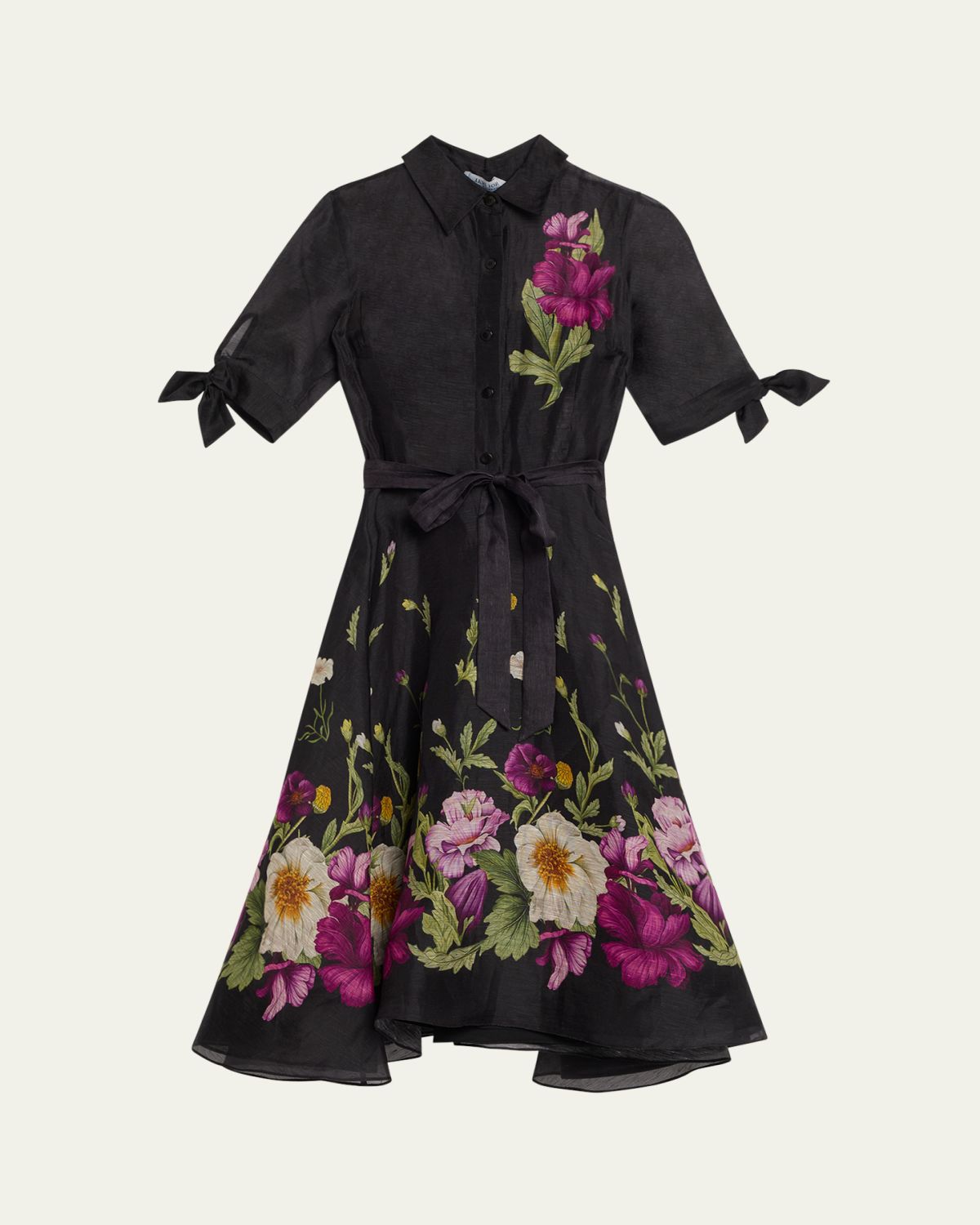 Rickie Freeman for Teri Jon Floral-Print Silken Linen Midi Shirtdress