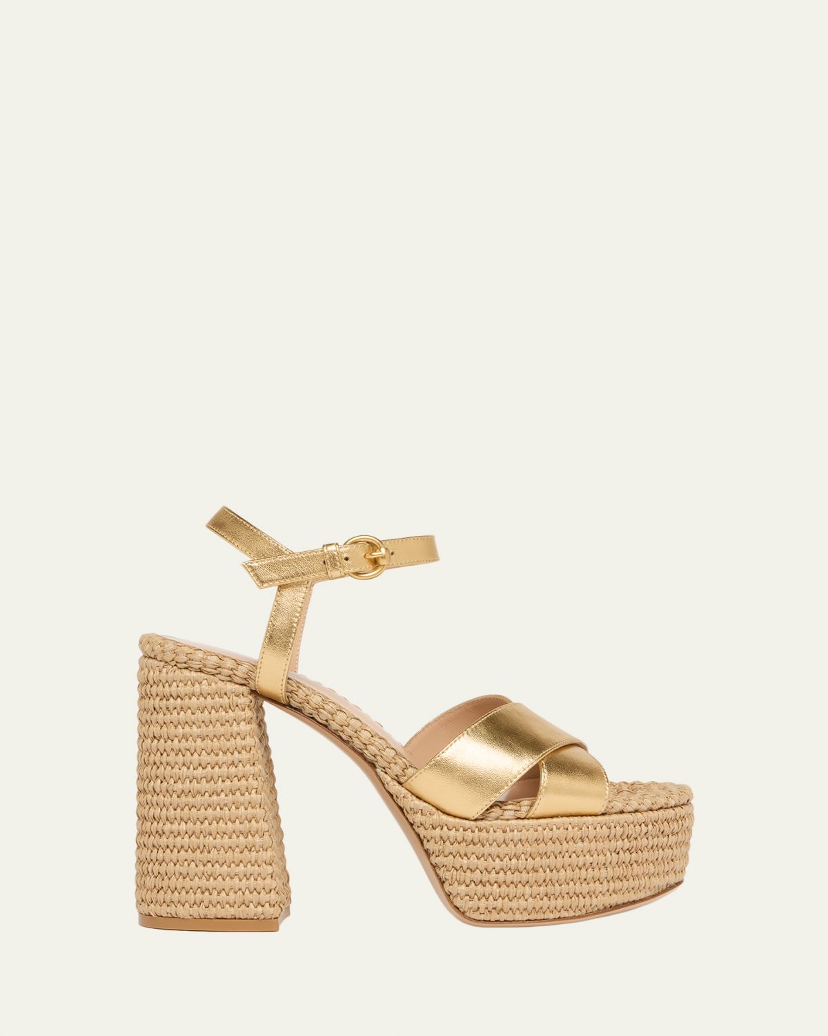 Gianvito Rossi 70mm Bebe Metallic Leather and Raffia Platform Sandals
