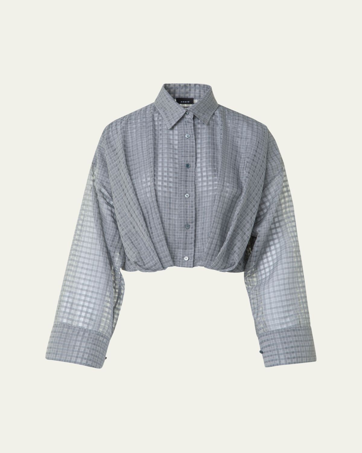 Akris Plaid Cotton Voile Blouse with Pleated Waist