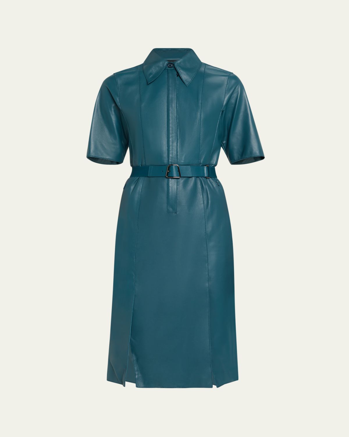 Akris Short-Sleeve Nappa Leather Belted Shirtdress