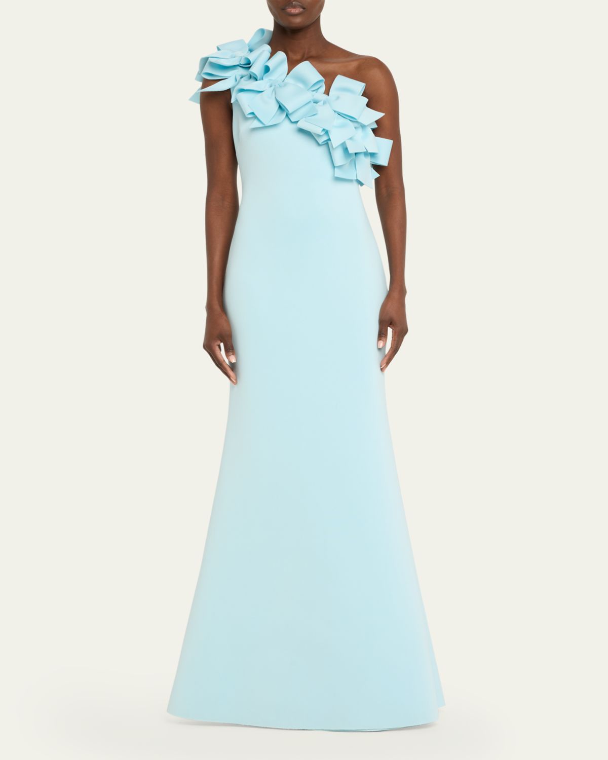 Badgley Mischka One-Shoulder Bow Ruffle Scuba Gown | Thumbnail 2