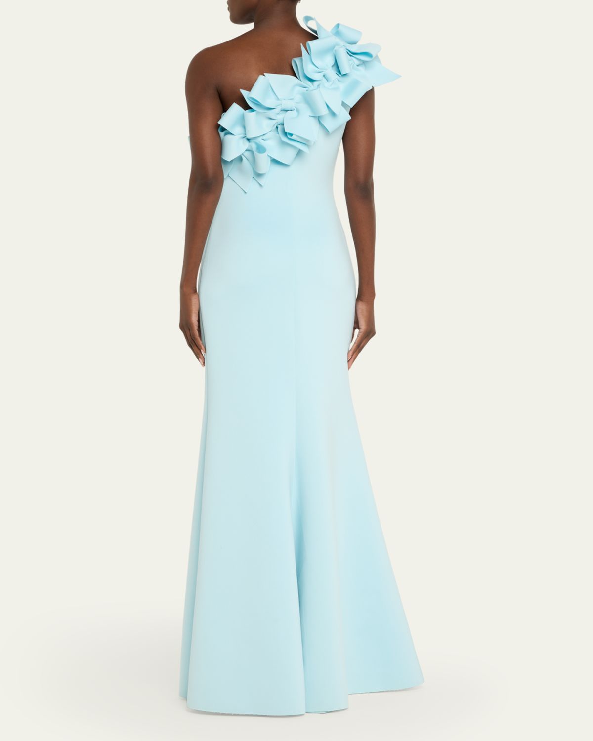 Badgley Mischka One-Shoulder Bow Ruffle Scuba Gown | Thumbnail 3