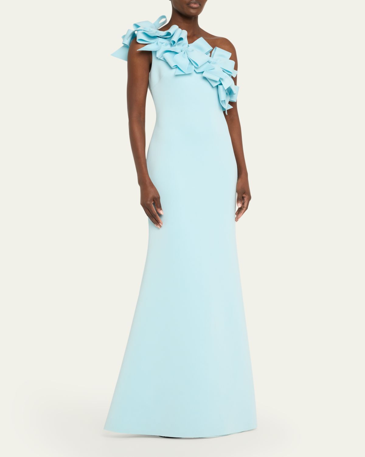 Badgley Mischka One-Shoulder Bow Ruffle Scuba Gown | Thumbnail 4