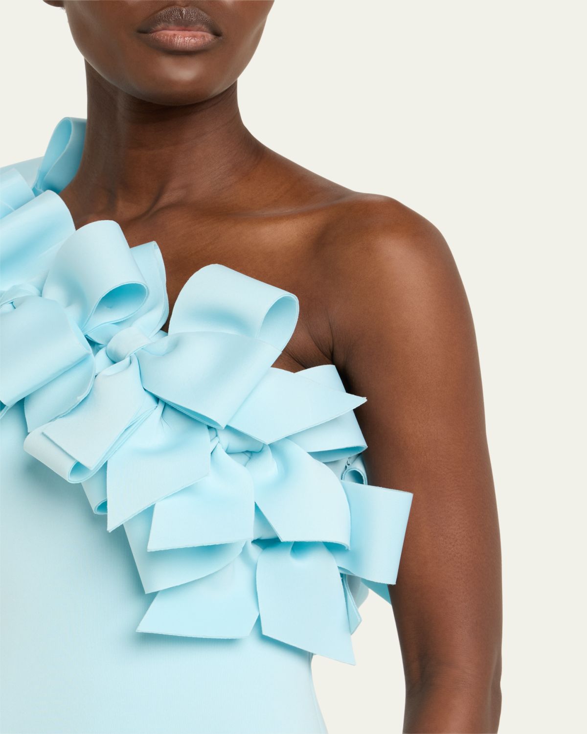 Badgley Mischka One-Shoulder Bow Ruffle Scuba Gown | Thumbnail 5