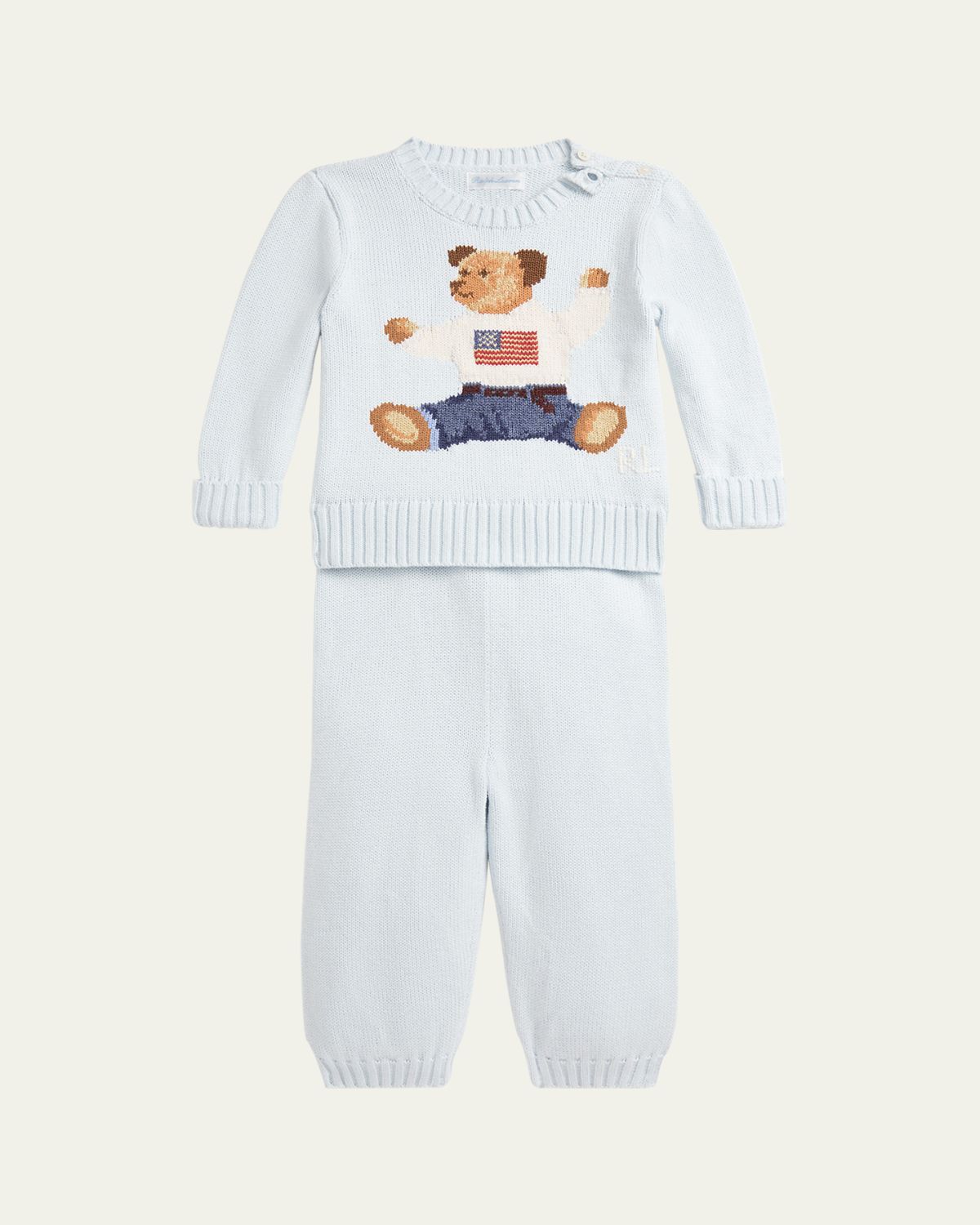 Ralph Lauren Childrenswear Boy's Flag Bear Intarsia Knit Sweater and Pants Set, Size 3M-24M