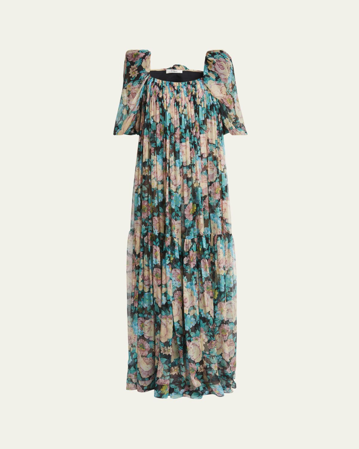 Chloé Long Floral Puff-Sleeve Silk Dress