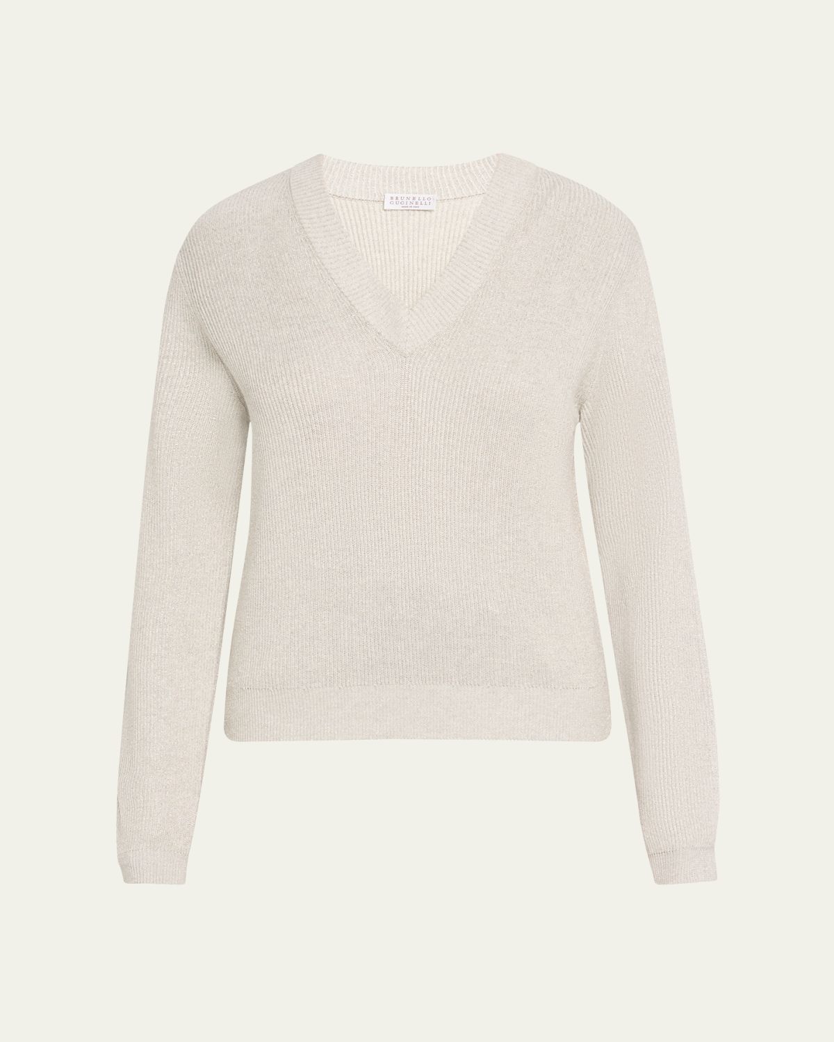 Brunello Cucinelli Bright Vanise Sparkling Cotton V-Neck Long Sleeve Sweater