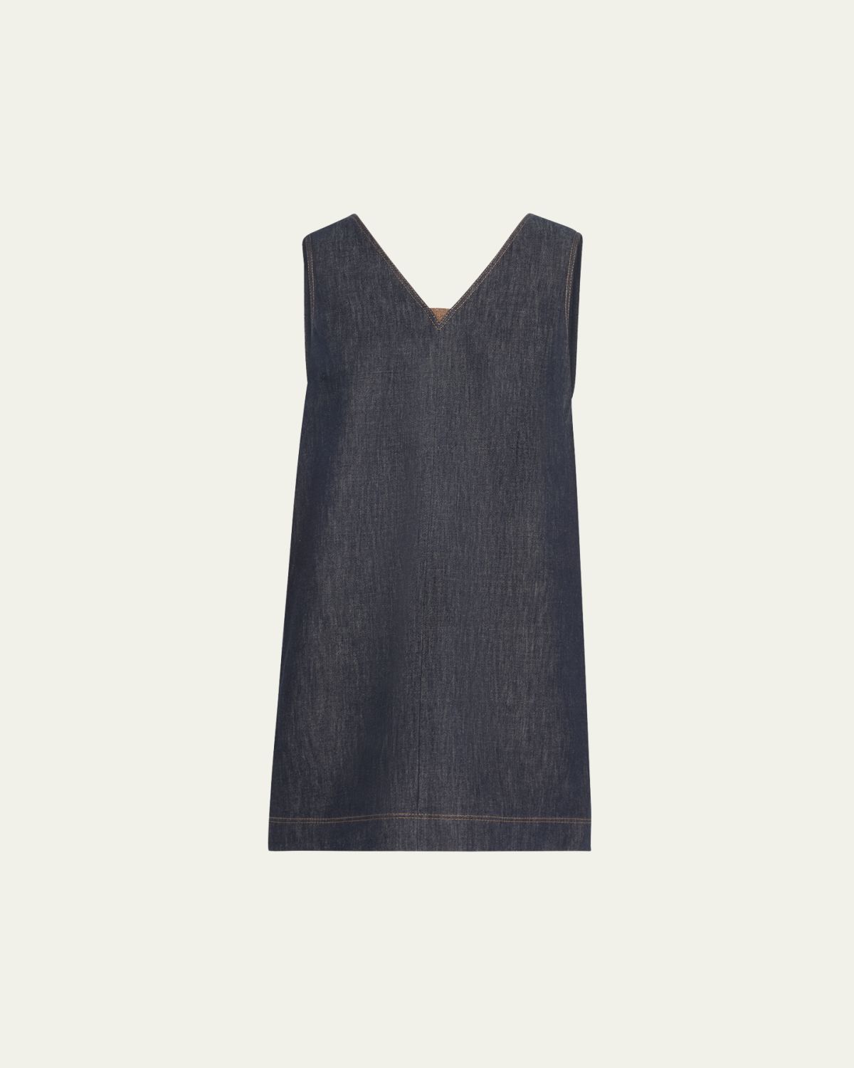 Brunello Cucinelli Short V-Neck Denim Tank Dress with Monili Insert