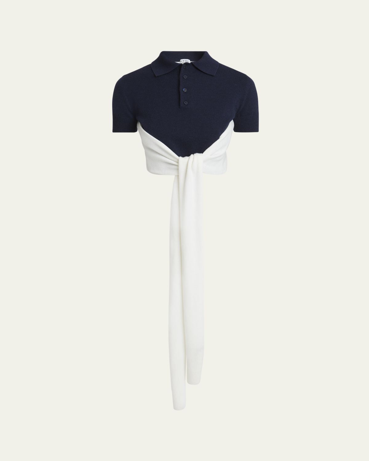 Loewe Colorblock Cropped Backless Wool Cashmere Polo Sweater with Self-Tie