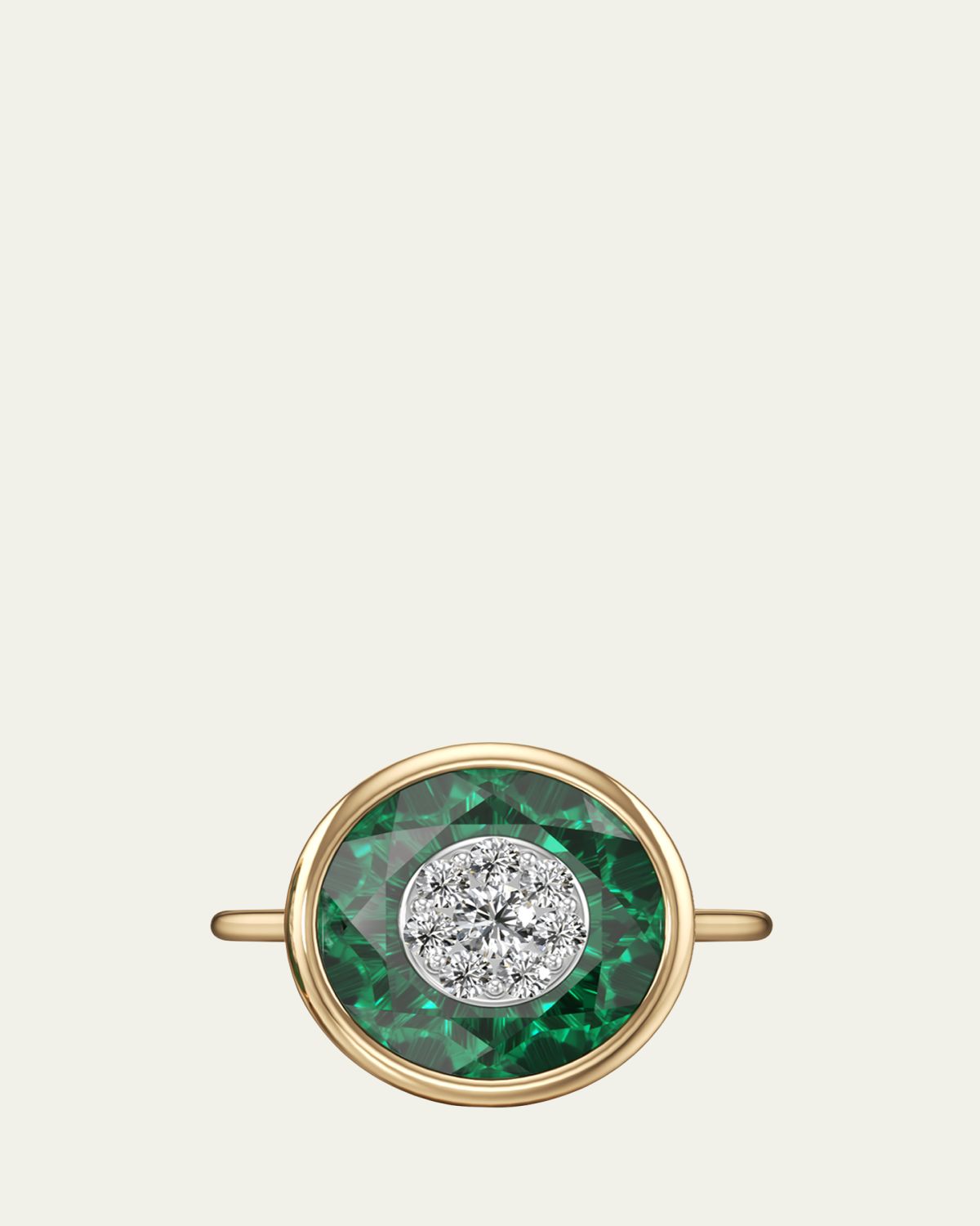Bhansali One Collection 10mm Round Fusion Emerald Bezel Ring in 18K Yellow Gold with Diamonds, Size