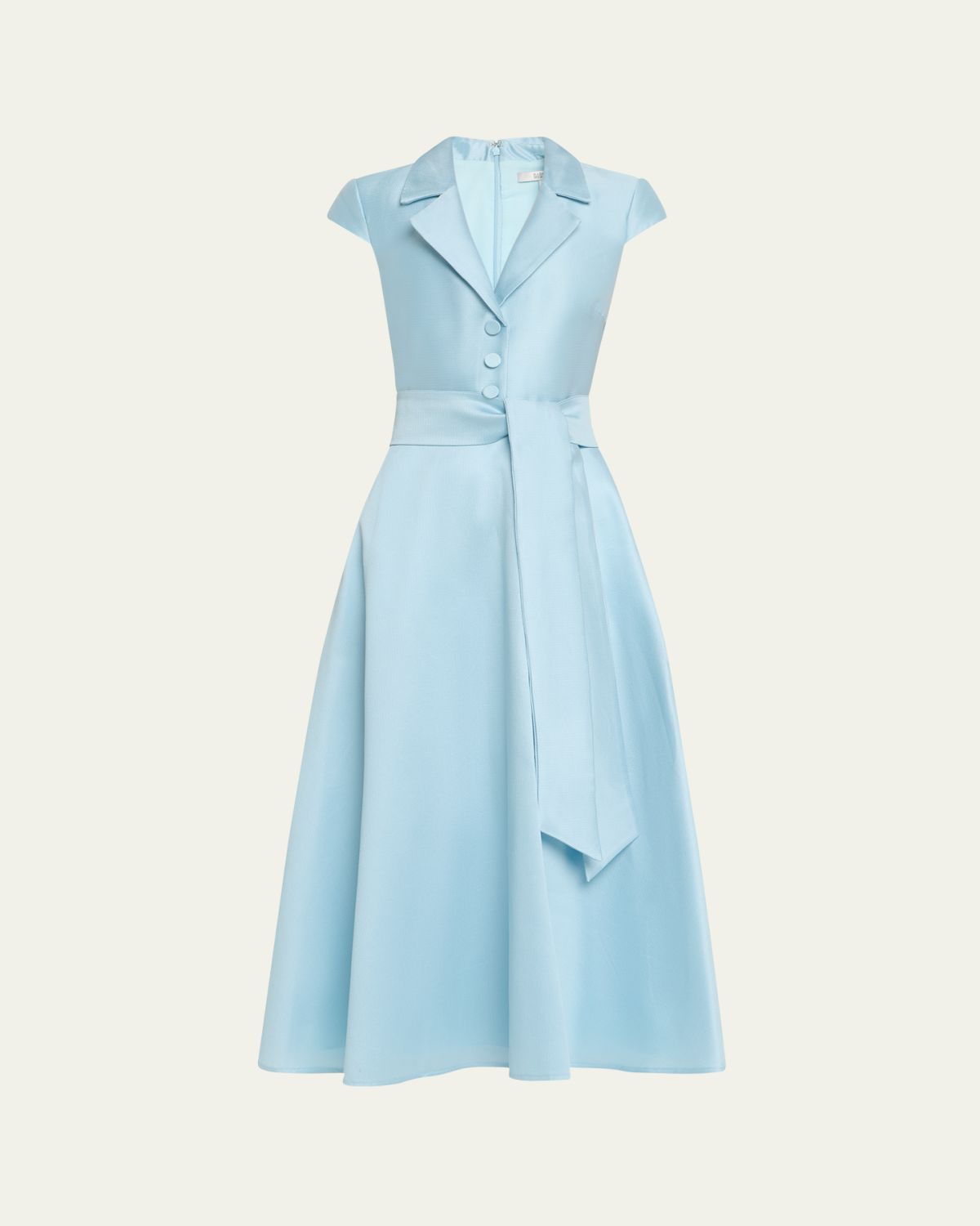 Badgley Mischka Belted Cap-Sleeve Pique Midi Shirtdress