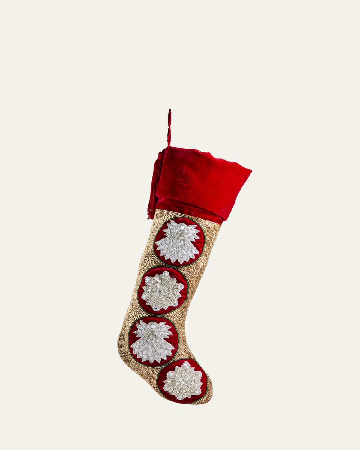 Sudha Pennathur Beaded Snow Angel and Snowflake Christmas Stocking