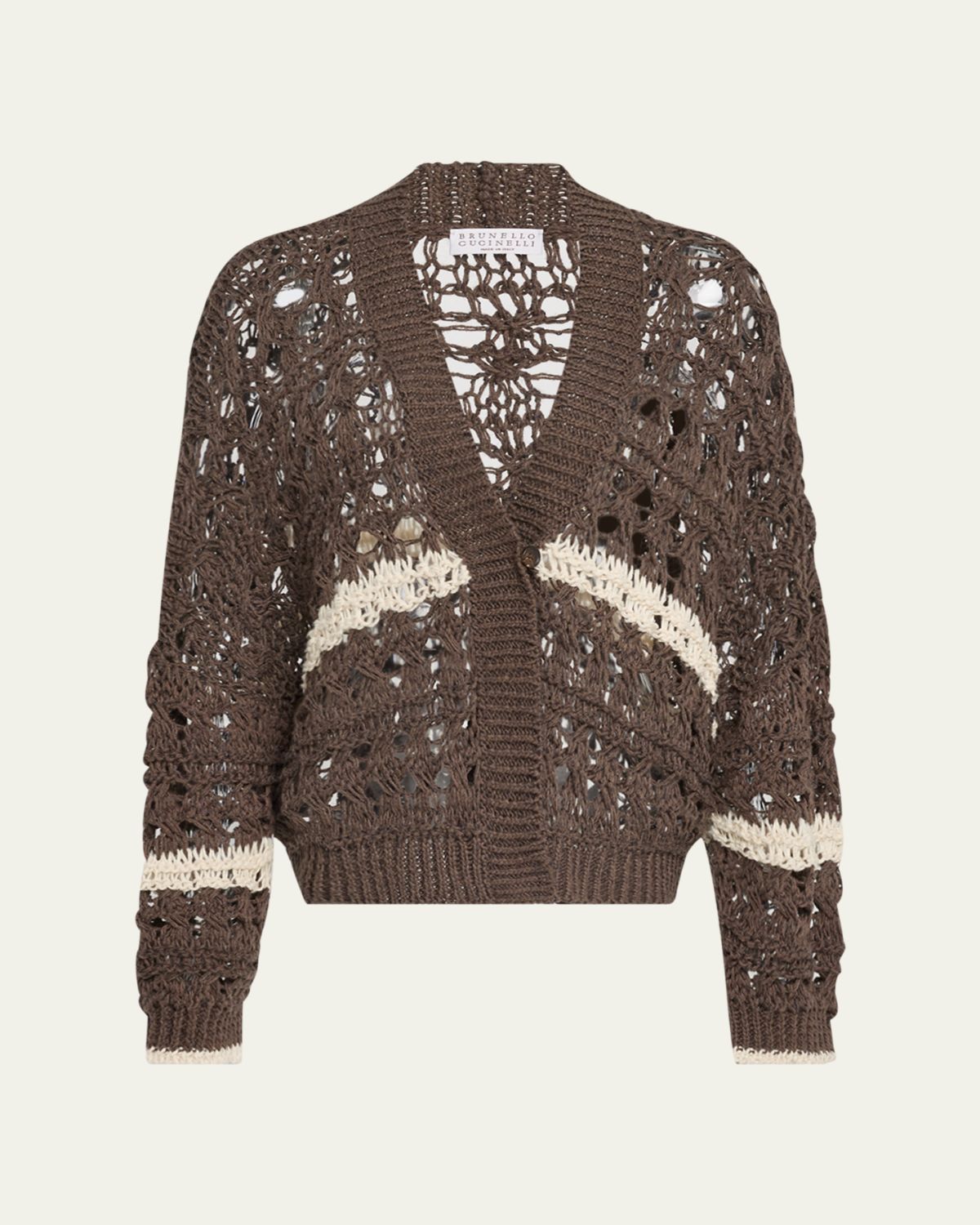 Brunello Cucinelli Stripe Cotton-Jute Open Knit V-Neck Cardigan