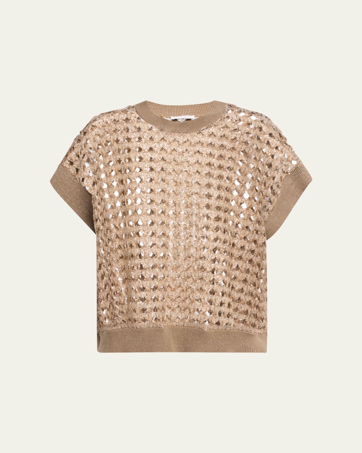 Brunello Cucinelli Short-Sleeve Paillette Cotton-Jute Open Knit Sweater